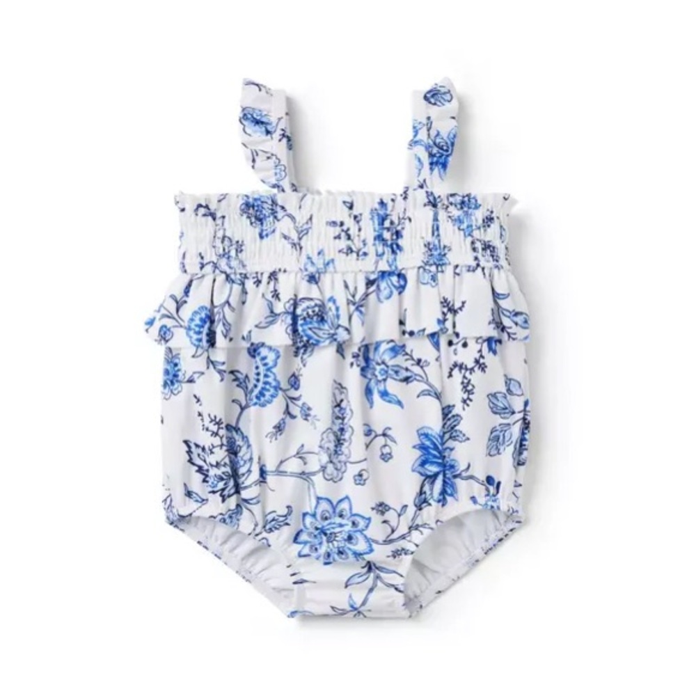 Janie and Jack baby Floral Blue and White Smocked Ruffle Swimsuit